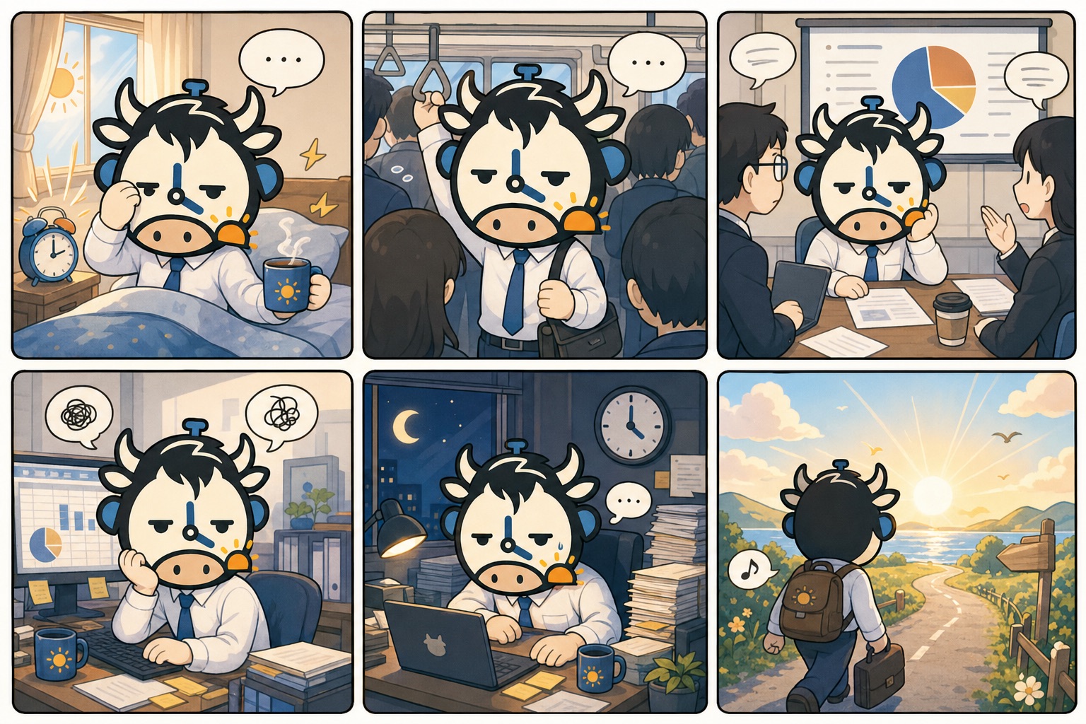 日式漫画风格的牛马角色上班日常六格漫画